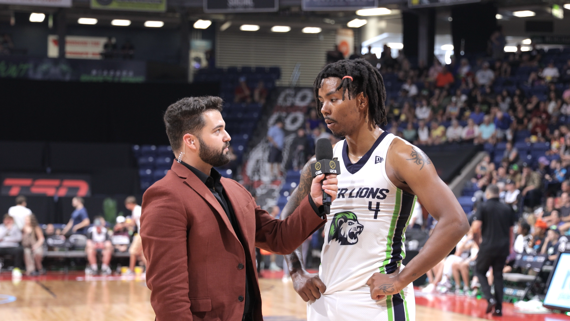 A CEBL basketball player is interviewed before a game