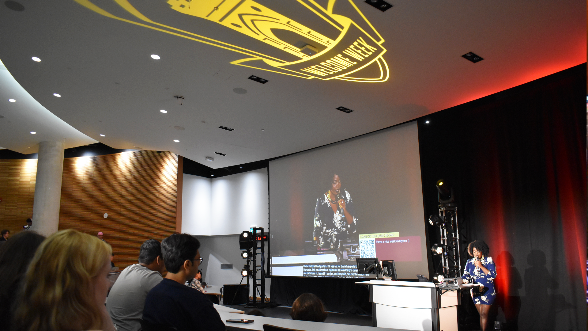 A stylized lecture hall presents a welcome week broadcast for McMaster University